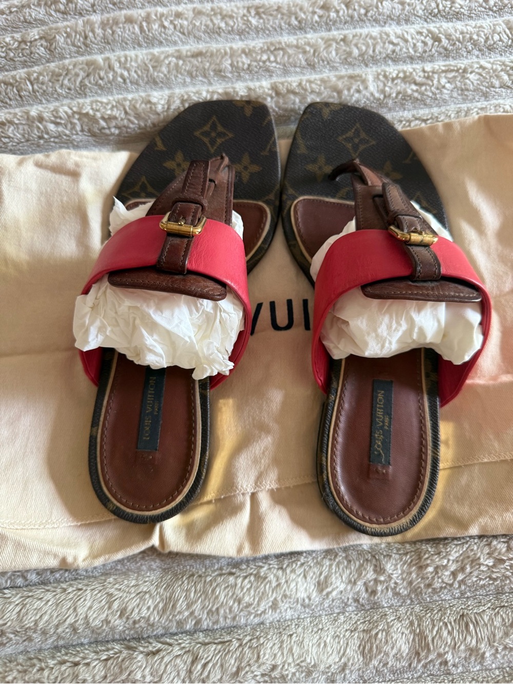 Louis Vuitton Red and Brown Monogram Leather Slide Sandals